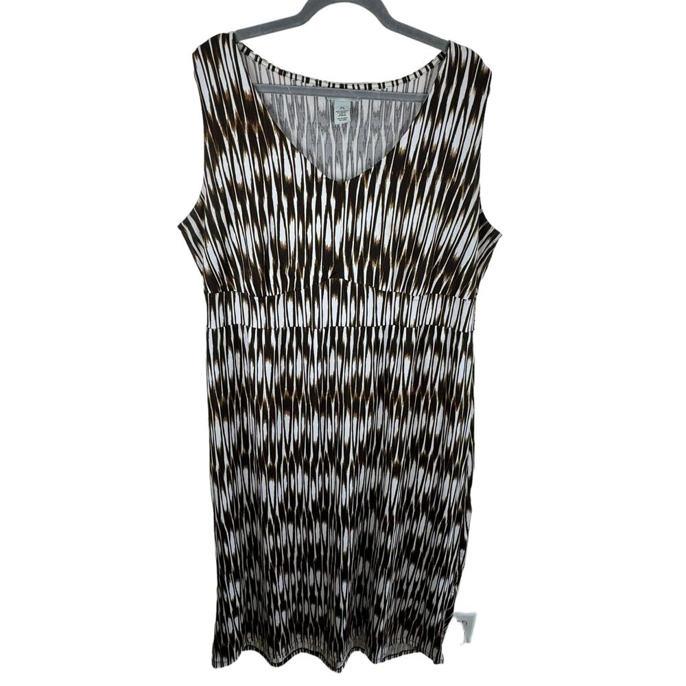 Catherines‎ Brown White Sleeveles V-Neck Stretchy Midi Dress Beachy Vacation 0X